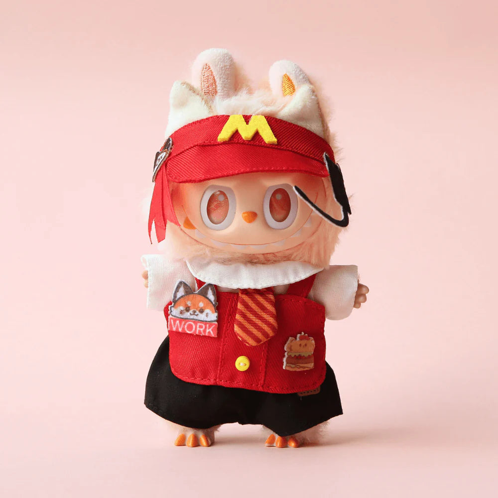 Fast Food Crew Set – 5-Piece Outfit with Hat, Shirt, Apron, Pants & Tie for Labubu