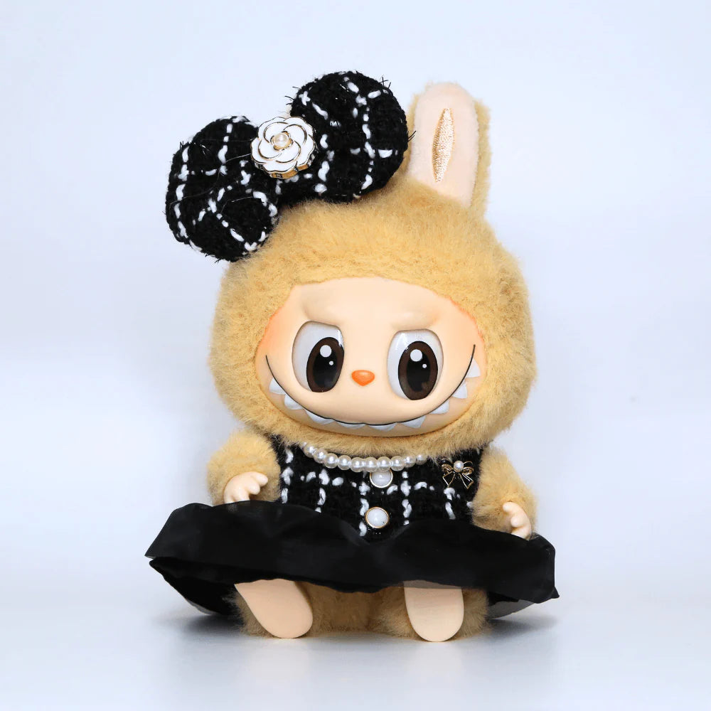 Mini Coco Couture 3-Piece Set – Dress, Hairpin & Pearl Necklace - 6.7″ Labubu Fashion Clothes