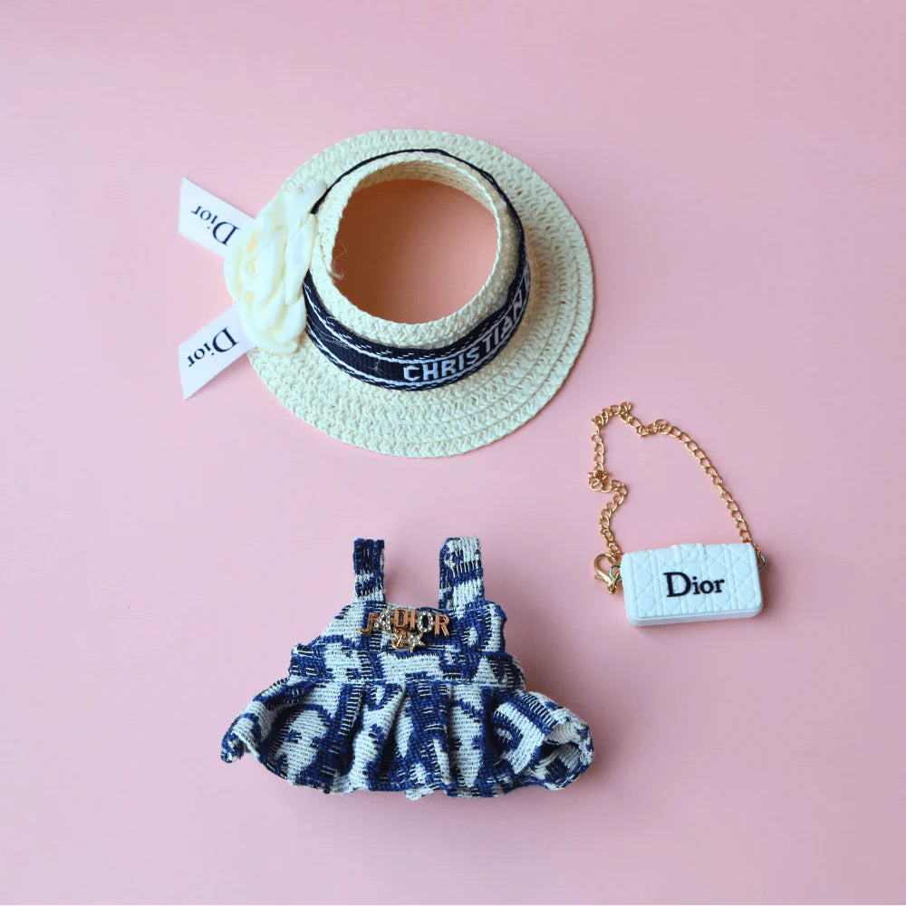 Toile de Labubu Dress, Hat & Bag 3-piece Set - Labubu Fashion Clothes (Bag Included)