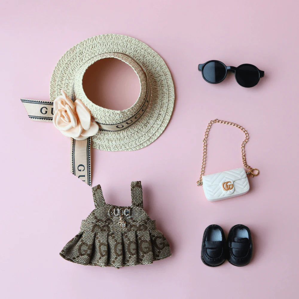 Vintage Bloom GG Look Dress, Hat & C-Bag 3-Piece Set - Labubu Fashion Clothes (Bag Included)